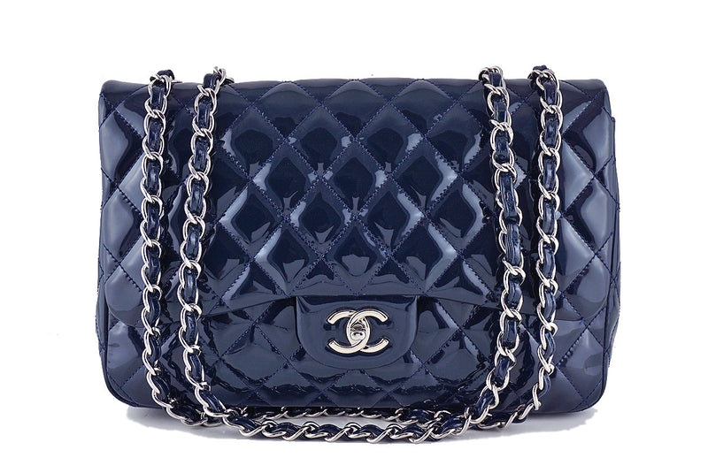 Chanel Navy Quilted Patent Classic Large Flap Bag Silver Hardware