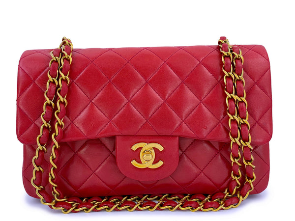Chanel 1995 Vintage Red Small Classic Double Flap Bag 24k GHW Lambskin - Boutique Patina