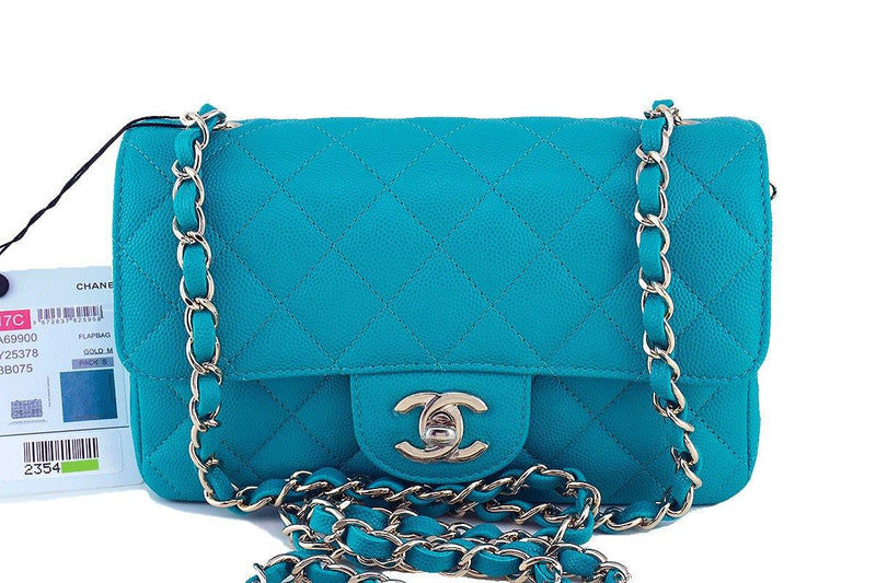 NWT 17C Chanel Turquoise Blue Caviar Classic Mini 2.55 Flap Bag