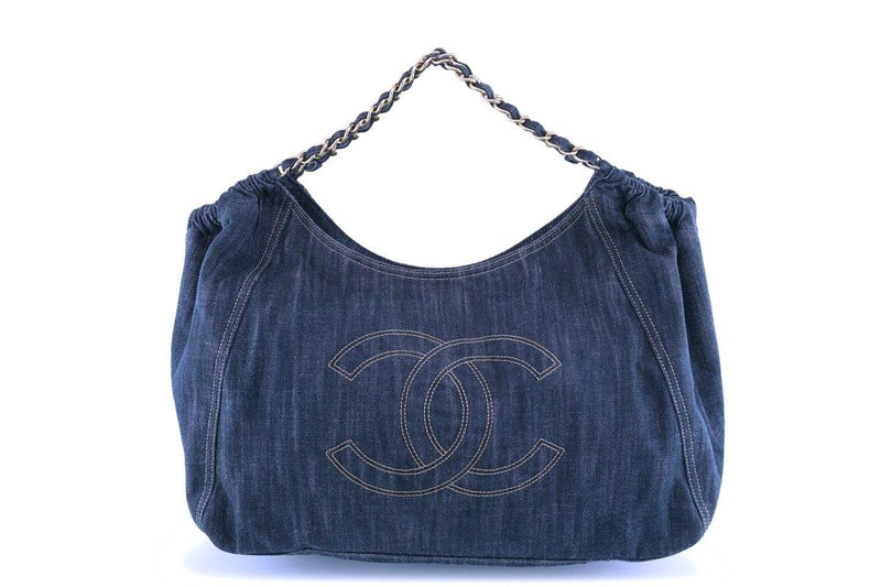 CHANEL Coco Cabas GM Denim Blue Red Chain Drawstring Tote Bag #2365 Rise-on