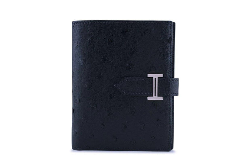 Hermes Black Ostrich Portefeuille Bearn Compact Wallet - Boutique Patina