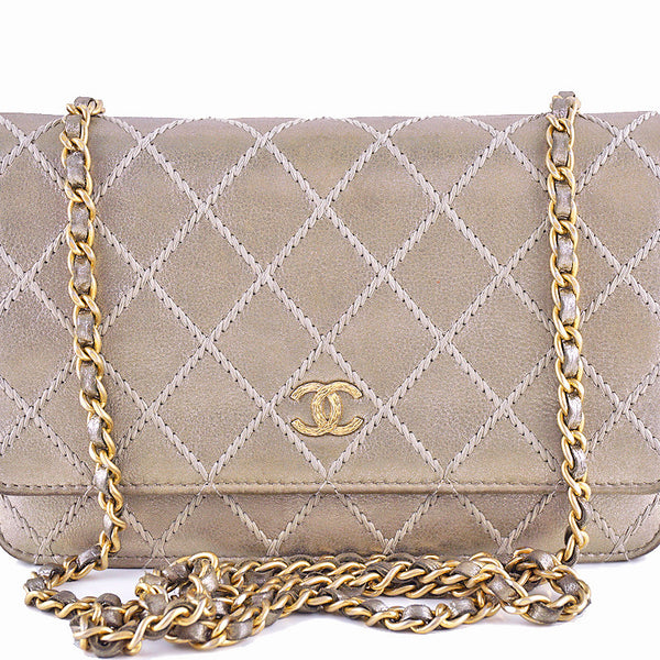 Chanel Pewter Gold Luxury Stitched Metallic WOC Wallet on Chain