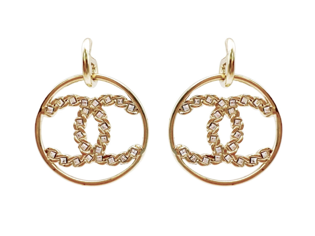 Chanel 19P High Society Crystal CC Hoop Drop Earrings Boutique