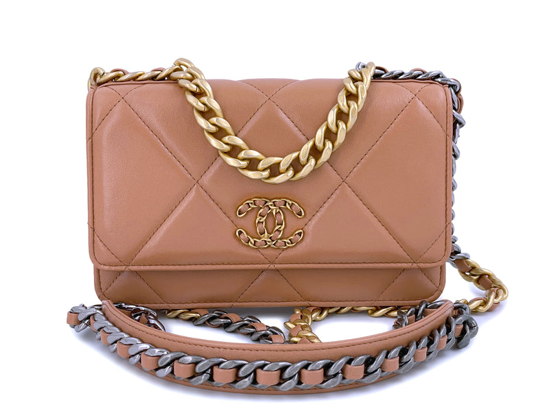 NIB 21K Chanel 19 Camel Beige Wallet on Chain WOC Flap Bag