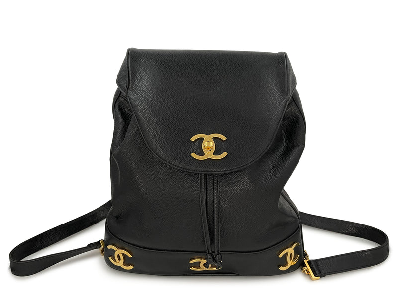 Chanel 1994 Vintage Black Caviar Classic Gold CC Backpack Bag 24k