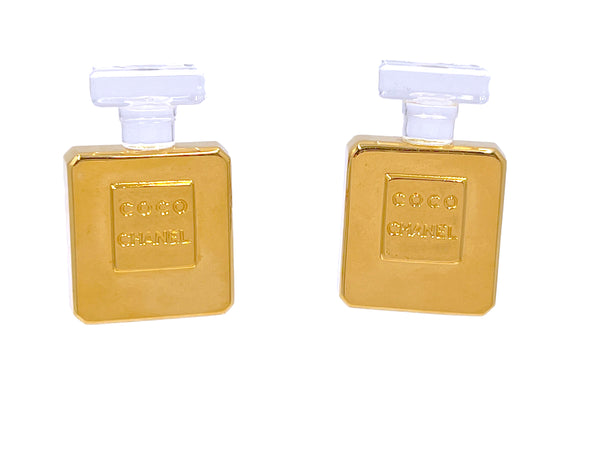 Chanel Vintage 80s Giant Coco Chanel Gold and Resin Perfume Bottle Stud Earrings - Boutique Patina