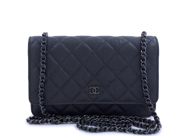 NIB 17S Chanel So Black Classic WOC Wallet on Chain Flap Bag Crumpled Calfskin - Boutique Patina