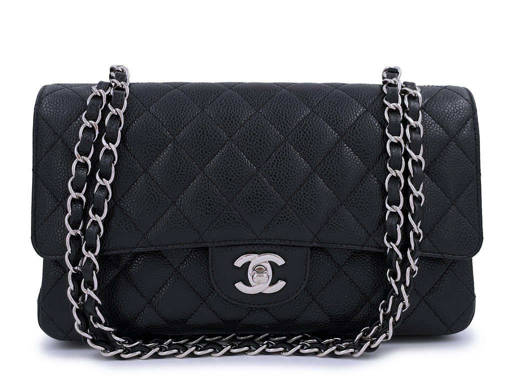 Chanel 2022 Black Quilted Caviar Leather Medium Classic Double Flap SHW 75c85