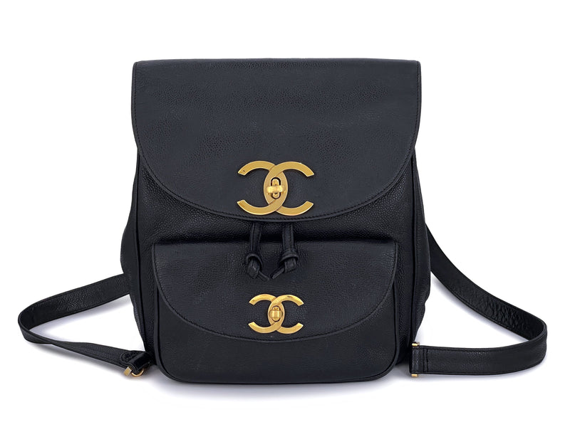 Chanel Early 90s Vintage Black Caviar Large CC Backpack Bag 24k GHW KU Boutique Patina Chanel Early 90s Vintage Black Caviar Large CC Backpack Bag 24k GHW KU Boutique Patina