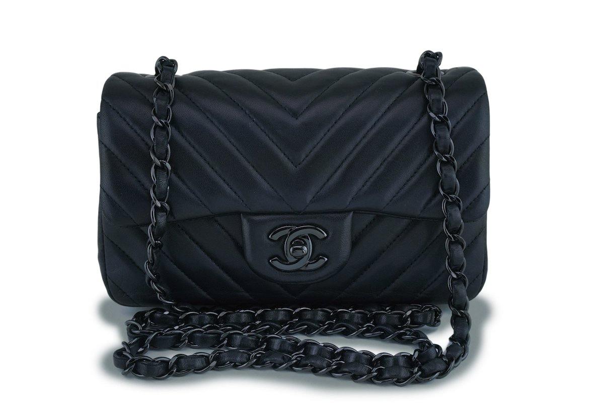 15S Chanel So Black Lambskin Chevron Rectangular Mini Flap Bag Boutique Patina