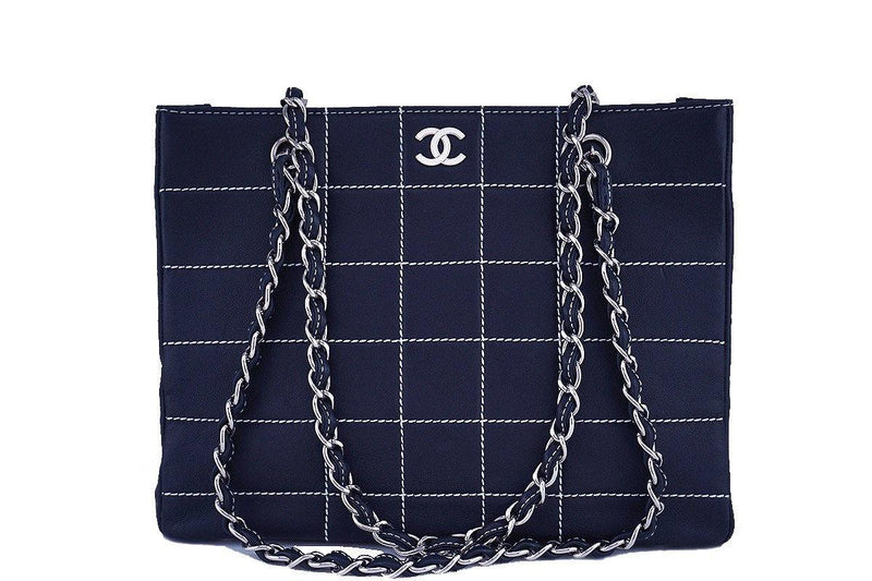 Chanel Navy Blue Contrast Stitch Quilted Shopper Tote Bag - Boutique Patina