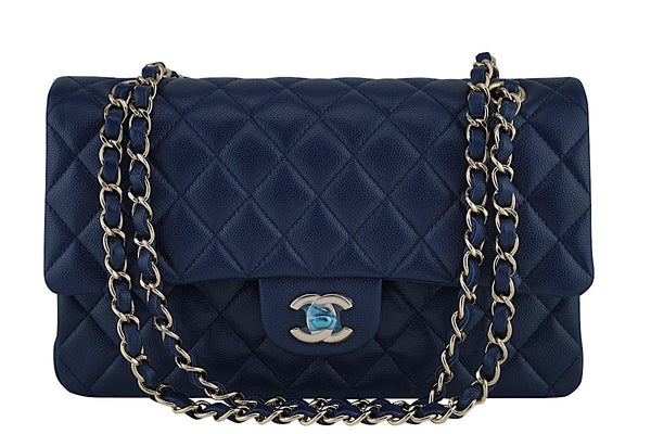 New 17B Chanel Navy Blue Caviar Medium Classic 2.55 Double Flap Bag - Boutique Patina