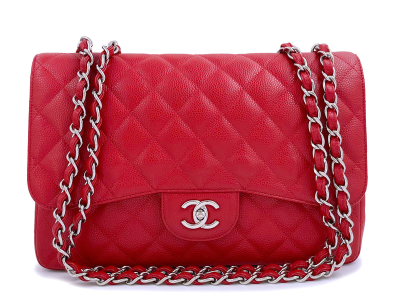 Chanel 10C Red Caviar Jumbo Classic Flap Bag SHW Single - Boutique Patina