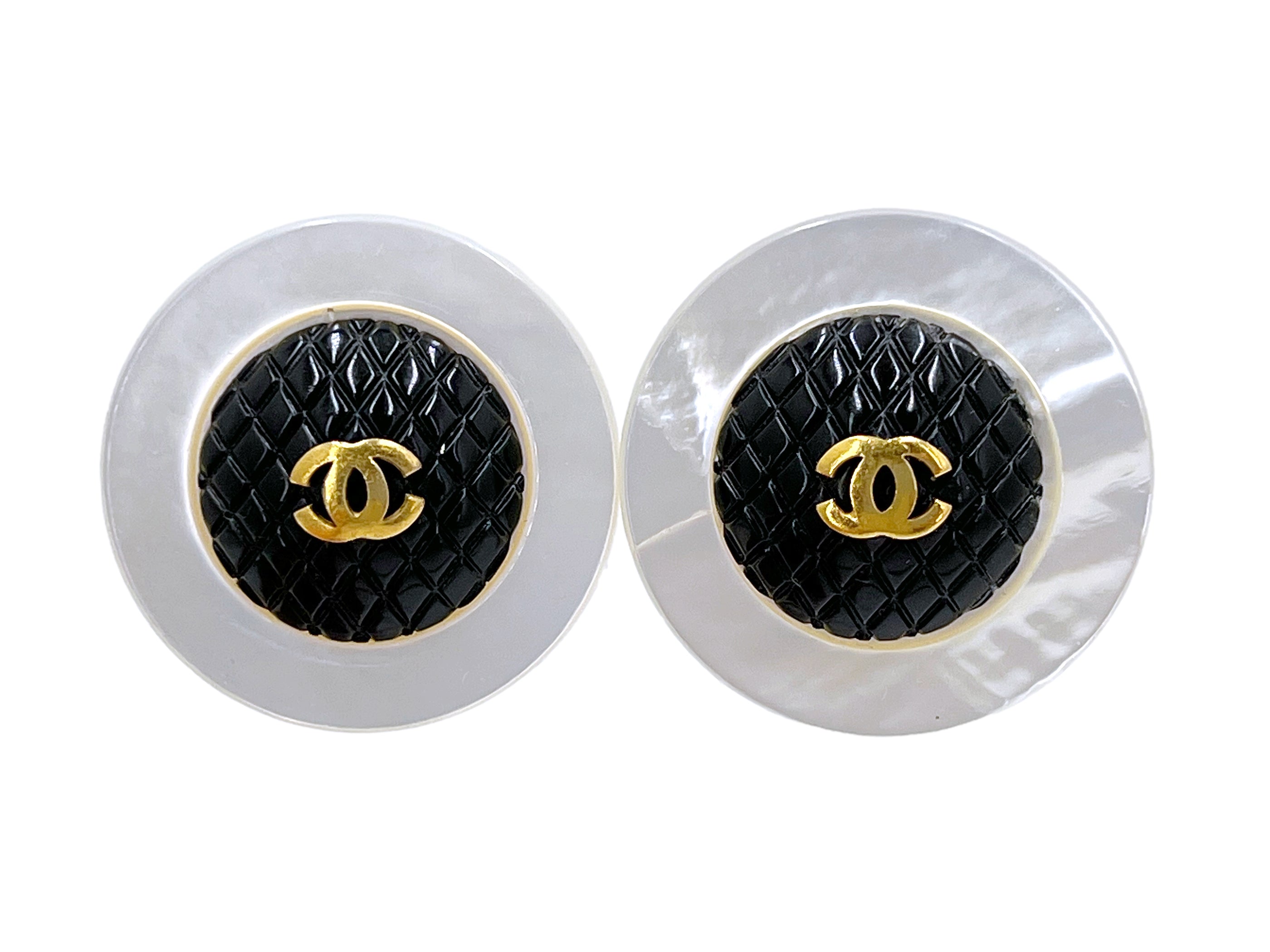 Chanel Vintage Giant Mother of Pearl and Black Woven Large Disc Stud Earrings