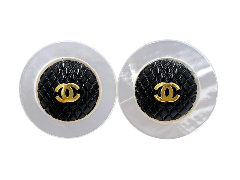 Vintage Chanel Black Resin with Gold Tone Dots and Pearl Earrings —  Benchmark of Palm Beach