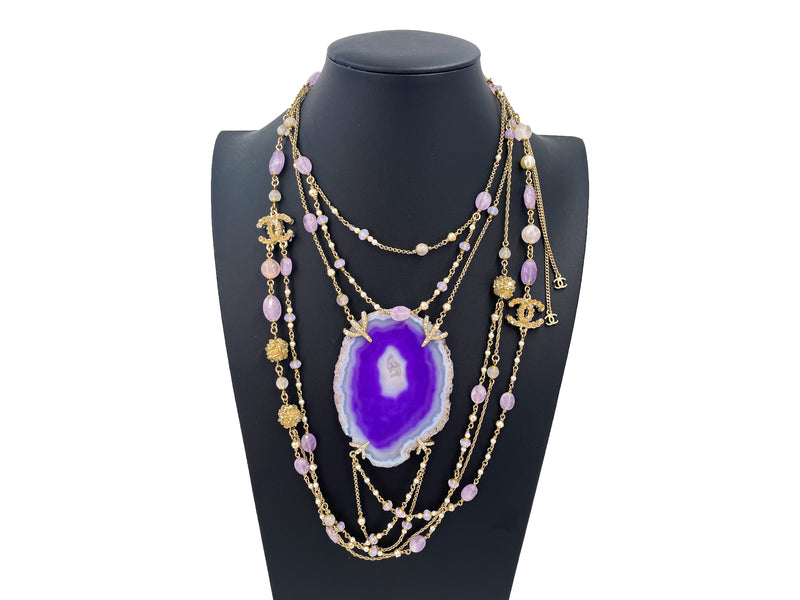 Chanel 12A Violet Purple Agate Stone Crystal Beaded 6 Strand Necklace