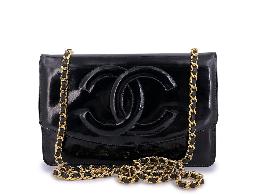 Chanel Vintage Black Patent Timeless Wallet on Chain WOC 24k