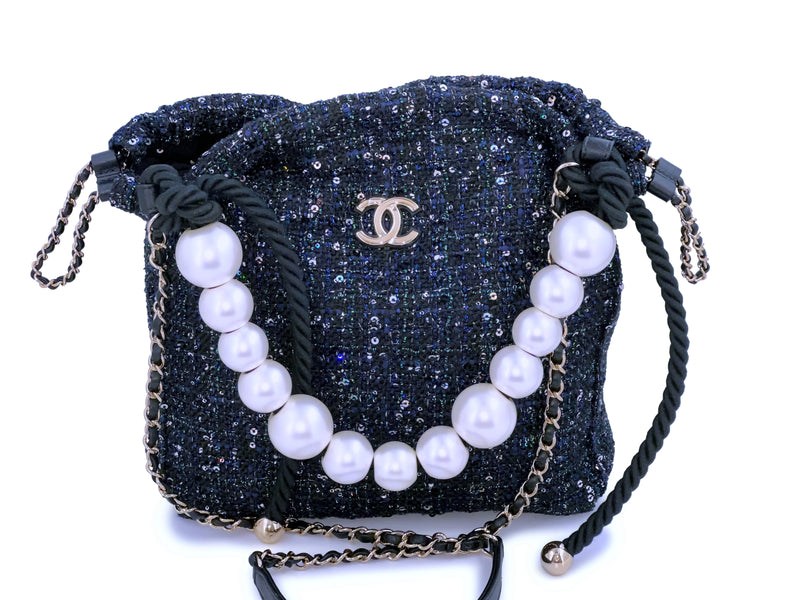 Limited Chanel 19S Tweed Sequin Oversized Pearl Small Tote Bag GHW