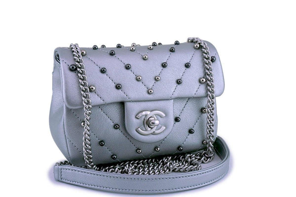 Chanel Silver Pearl Chevron Quilted Classic Mini Flap Bag Limited - Boutique Patina