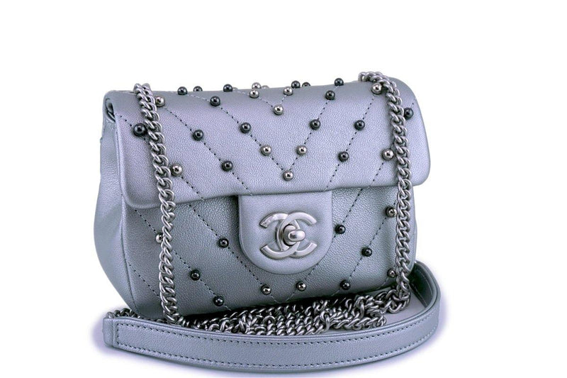 Chanel Silver Pearl Chevron Quilted Classic Mini Flap Bag Limited