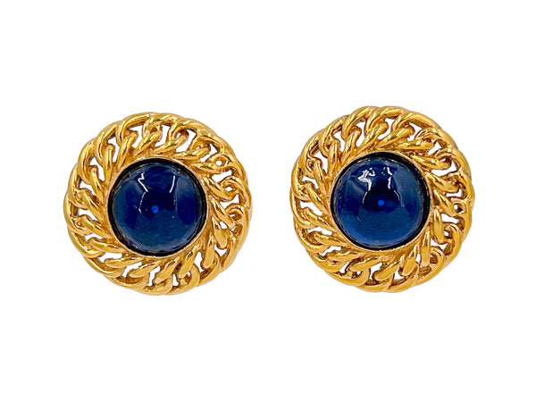 Chanel Vintage Blue Gripoix Glass Chain Framed Large Stud Earrings - Boutique Patina