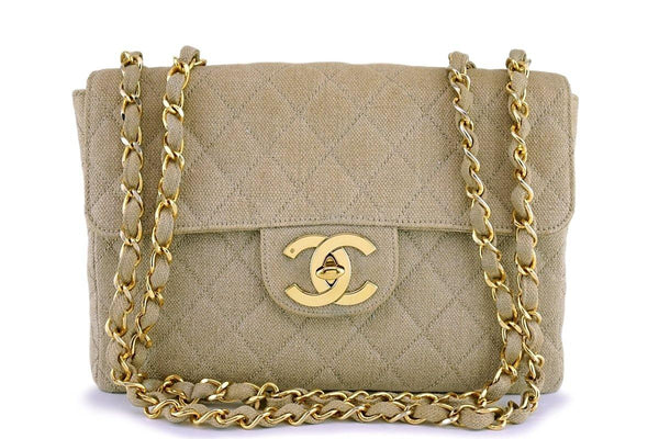 Chanel Beige Vintage Linen Canvas Jumbo Classic Flap Bag 24k GHW - Boutique Patina