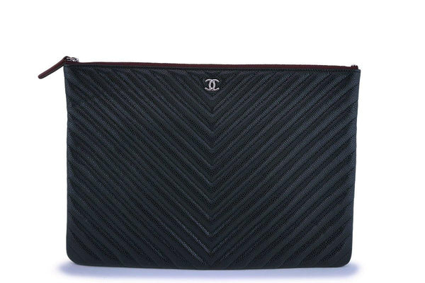 NIB 19C Chanel Black Caviar Chevron Classic Large O Case Clutch Bag - Boutique Patina