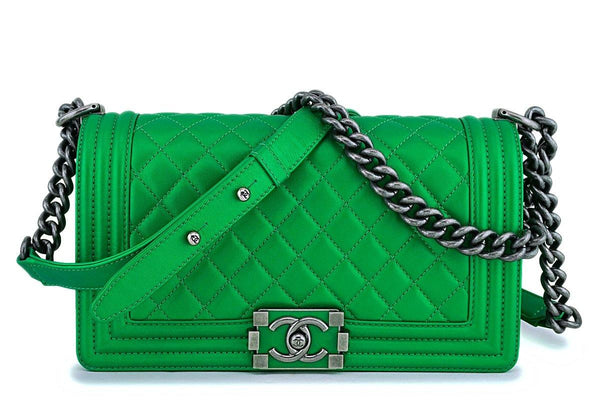 Rare Chanel 14K Metallic Green Medium Boy Flap Bag RHW - Boutique Patina