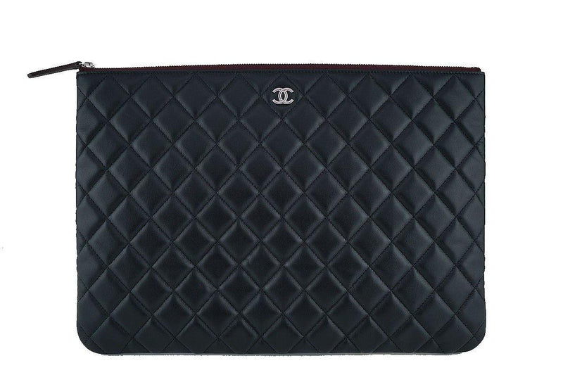NWT 17S Chanel Large Black Lambskin Classic Quilted O Case Clutch Purse Bag - Boutique Patina