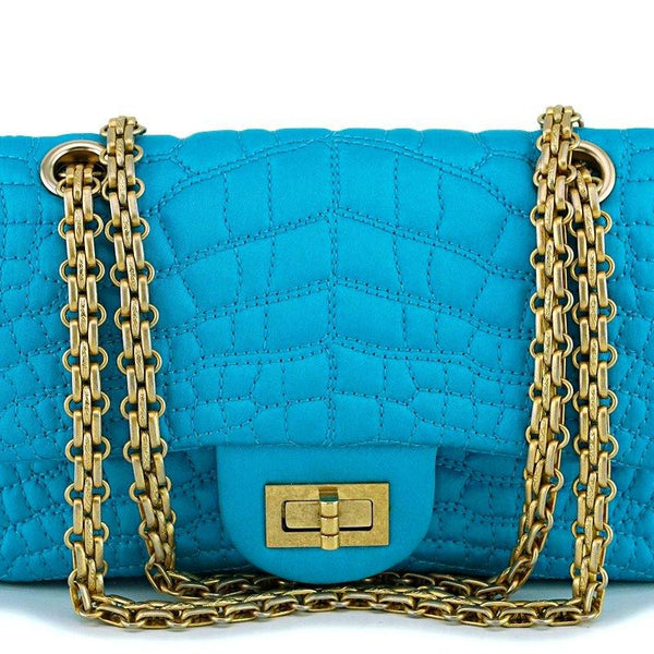 CHANEL Tweed Quilted Mini Rectangular Flap Gold Blue