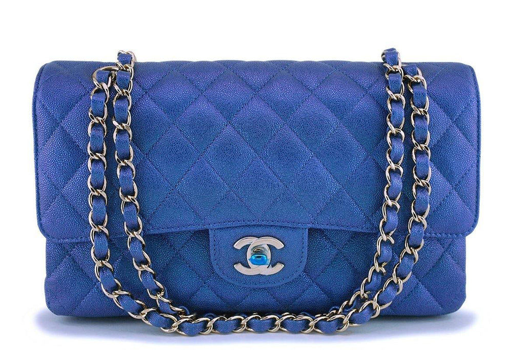 NIB 19S Chanel Iridescent Blue Caviar Medium Classic Double Flap