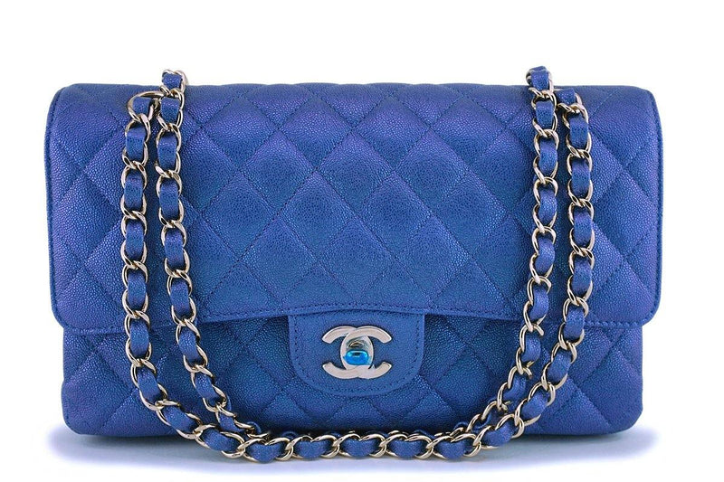 A BLUE IRIDESCENT LAMBSKIN LEATHER SMALL CLASSIC FLAP BAG & A SET