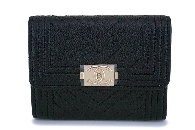 NIB 18S Chanel Black Caviar Chevron Boy XL Card Wallet Case GHW - Boutique Patina