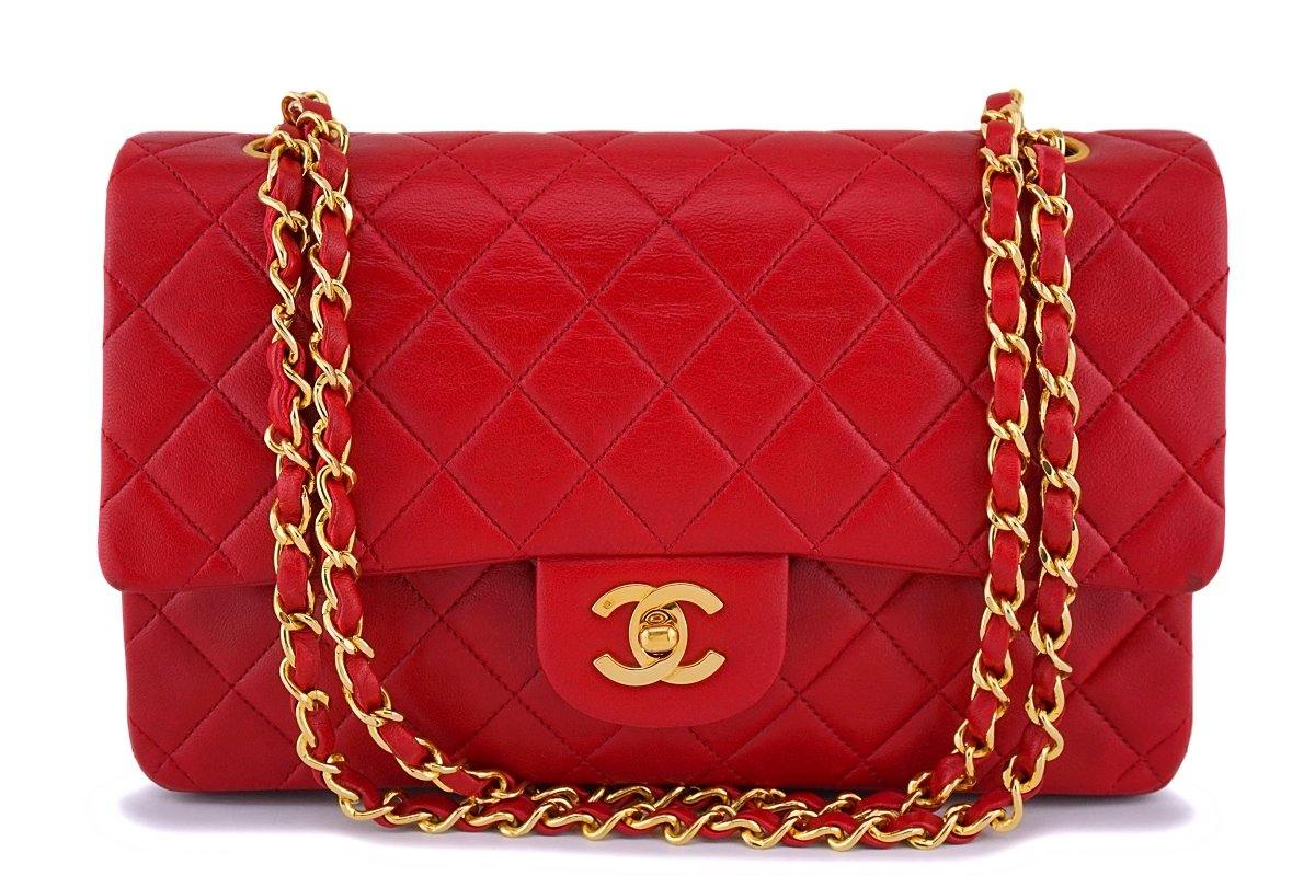 Chanel Red Lambskin Medium Classic Double Flap Bag 24k GHW Boutique Patina