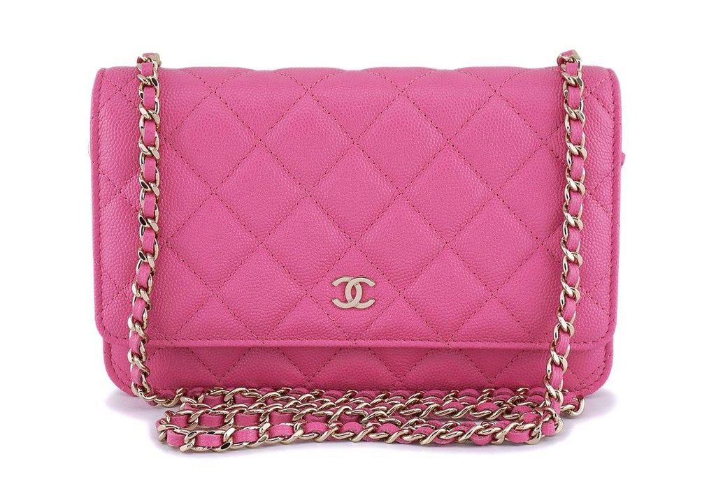 MINT! Chanel Caviar WOC Chain Wallet Iridescent Pink Double Zip