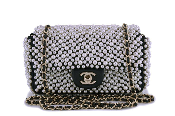 Rare Chanel Black Pearl Studded Mini Classic Flap Bag GHW - Boutique Patina