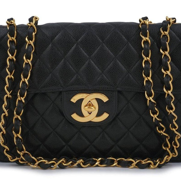 Chanel Black Quilted Caviar Jumbo Classic Double Flap Gold Hardware, 2021 (Like New), Womens Handbag