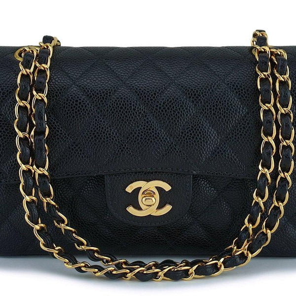 Chanel Black Caviar Quilted 24K Gold Plated Small Classic Double