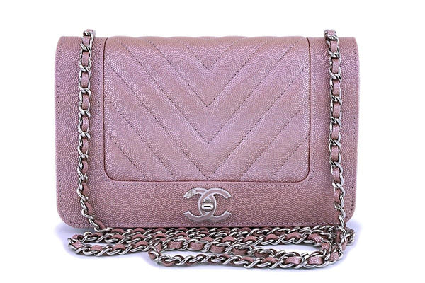 NIB 19P Chanel Pink Caviar Rose Gold Chevron Wallet on Chain WOC Flap Bag - Boutique Patina