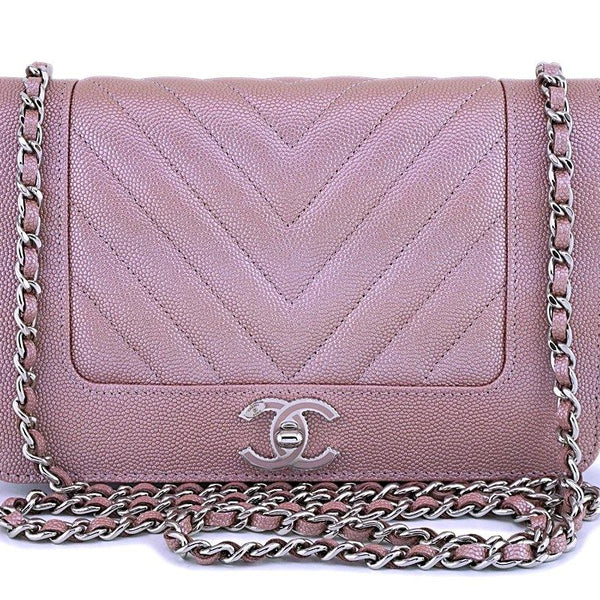NIB 19P Chanel Pink Caviar Rose Gold Chevron Wallet on Chain WOC