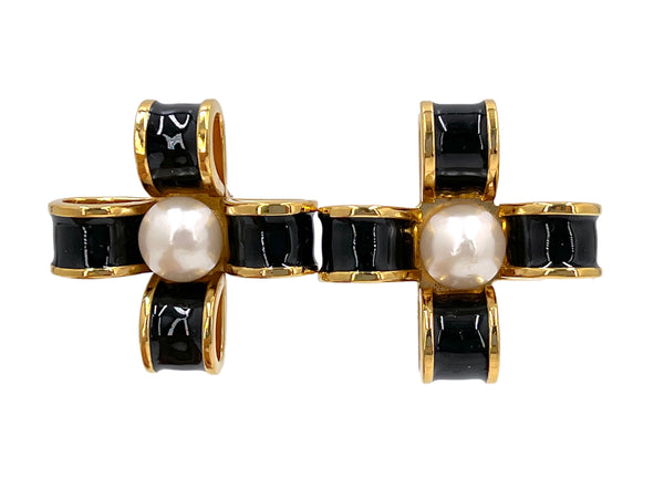 Chanel Vintage 1980s Black, Gold and Pearl Ribbon Cross Large Stud Earrings - Boutique Patina