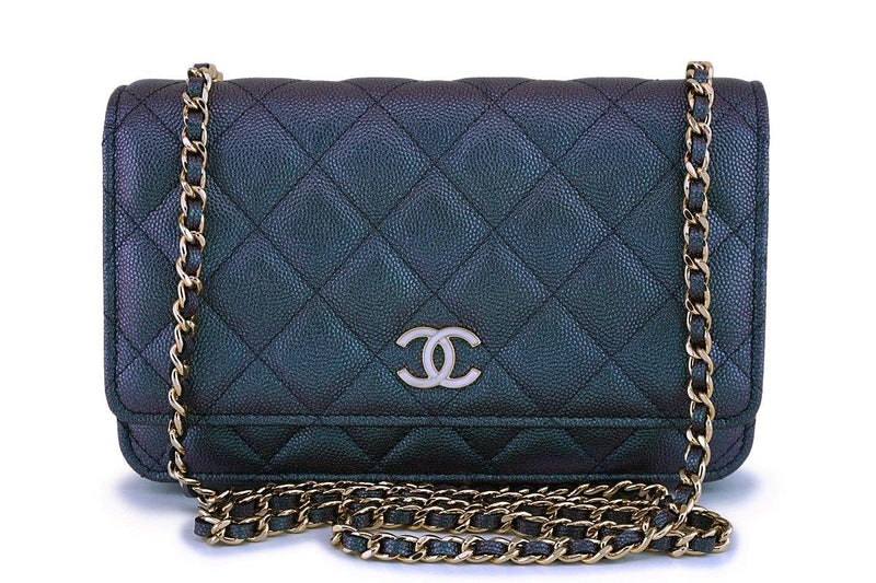 NIB 19S Chanel Iridescent Black Caviar Classic Wallet on Chain