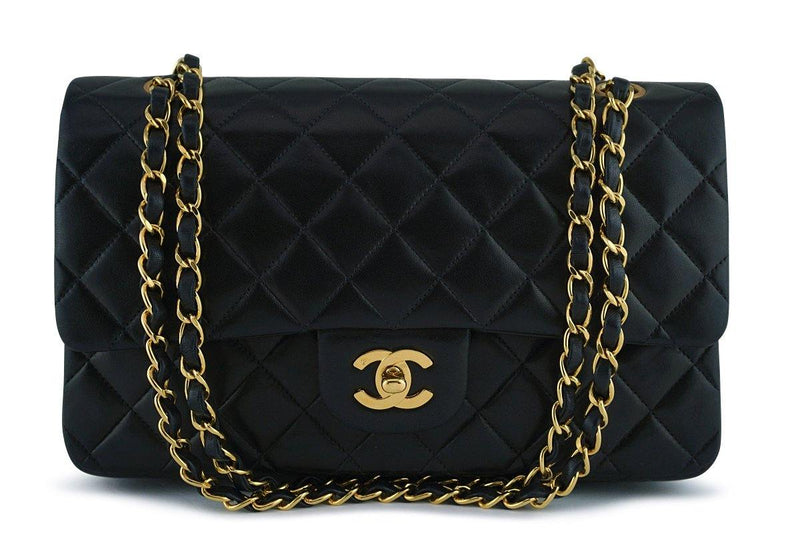 Chanel Black Lambskin Medium Classic 2.55 Double Flap Bag 24K Gold Plated - Boutique Patina