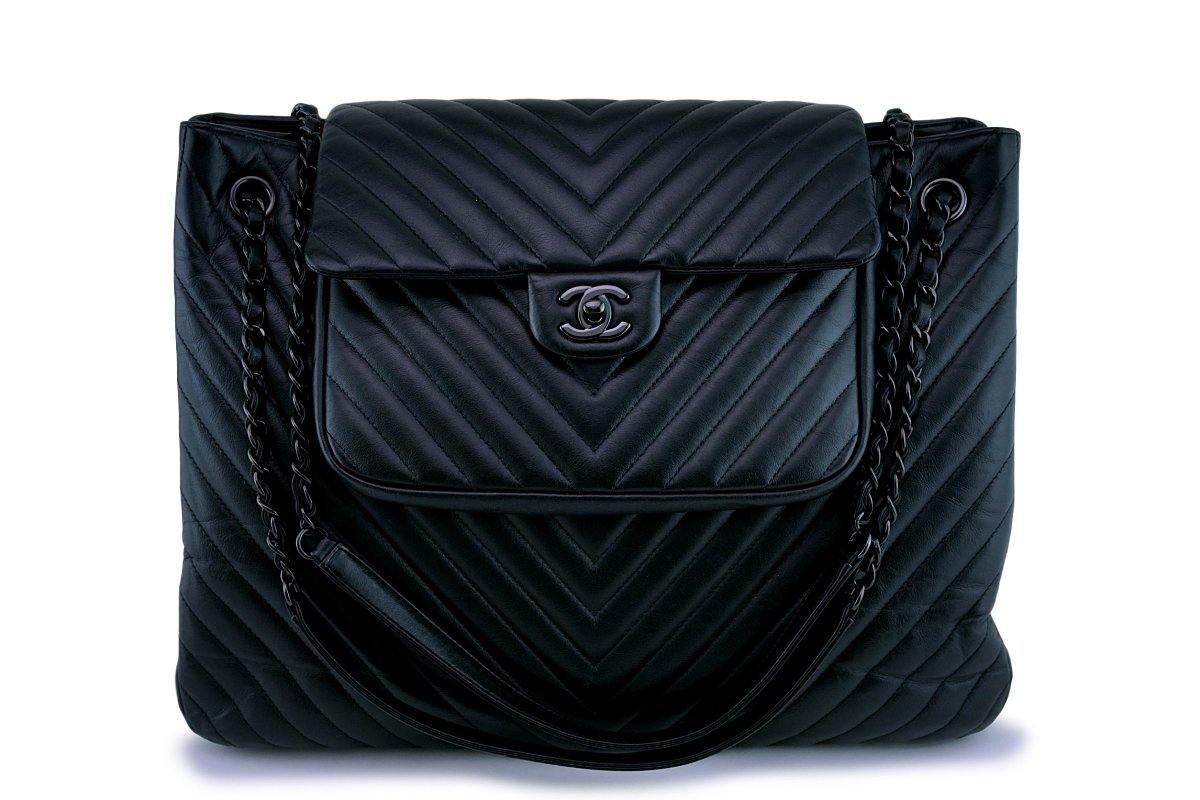 Rare 15S Chanel So Black Chevron Classic Large Shopper Flap Tote Bag Boutique Patina