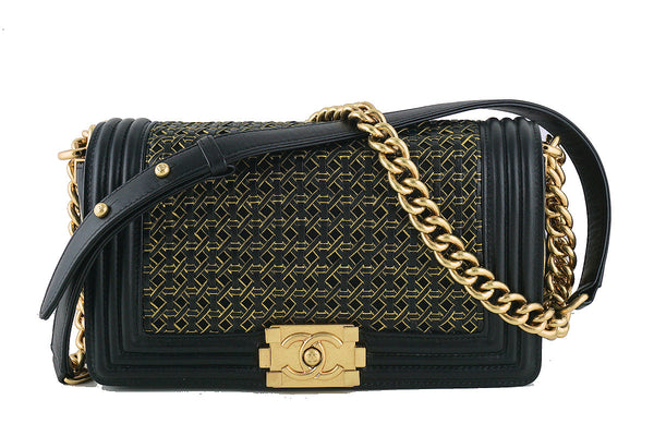 Chanel Black Medium Le Boy Gold-trimmed Rattan Flap Bag - Boutique Patina