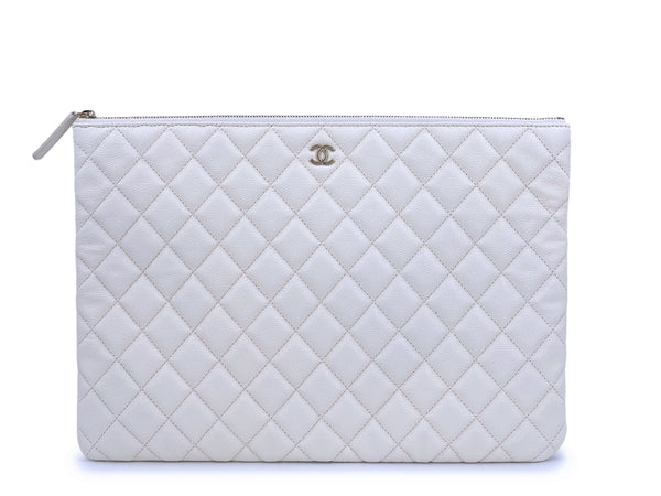 NIB 19C Chanel Creamy White Caviar Large Quilted O Case Clutch Bag GHW - Boutique Patina