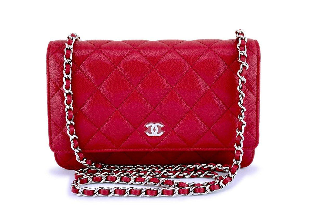 New 18B Chanel Red-Pink Caviar Classic Wallet on Chain WOC