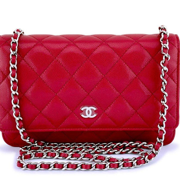 New 18B Chanel Red-Pink Caviar Classic Wallet on Chain WOC Flap