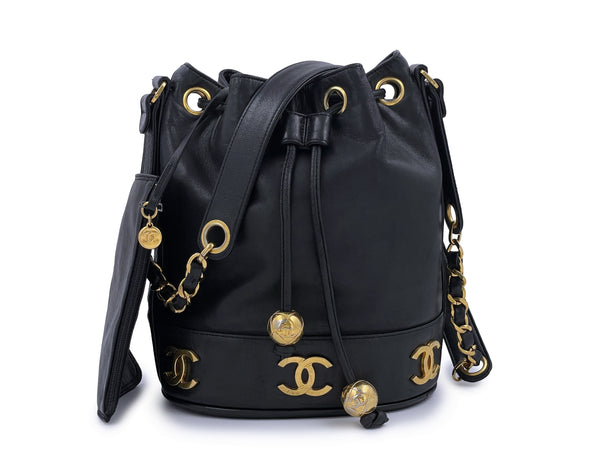 Chanel 1992 Vintage Small Drawstring Bucket Bag Black Lambskin 24k GHW - Boutique Patina