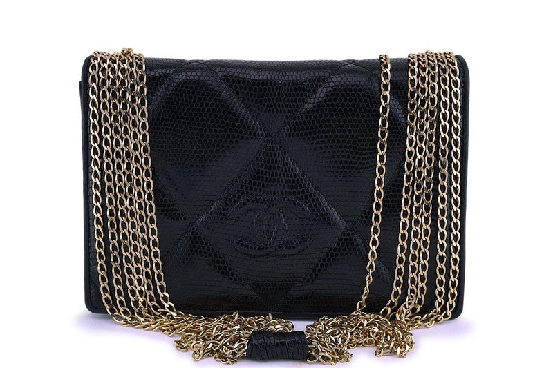 Rare Chanel Vintage Black Lizard Evening Flap Bag 24k GHW - Boutique Patina